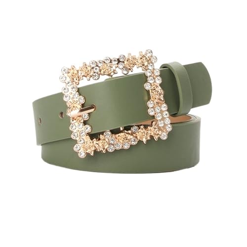 Decorative Belt Belts For Woman Shiny Rhinestone Beautiful Square Wreath Metal Buckle Solid Color PU Belts for Country Concert Outfit(Green)