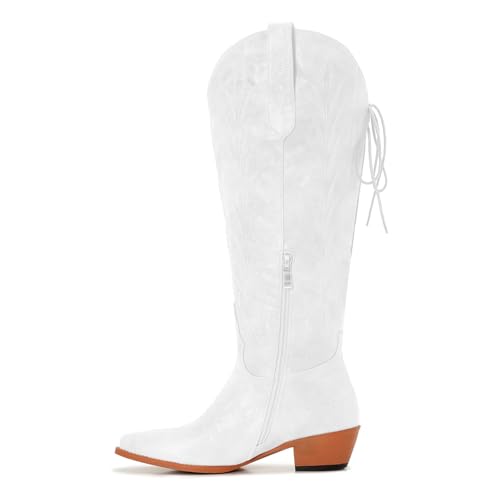 Image of Uillnoodu Wide Calf Cowboy Boots Women Knee High Tall Western Cowgirl Boots Adjustable Lace Up Plus Size Comfortable 2-Inch Heel