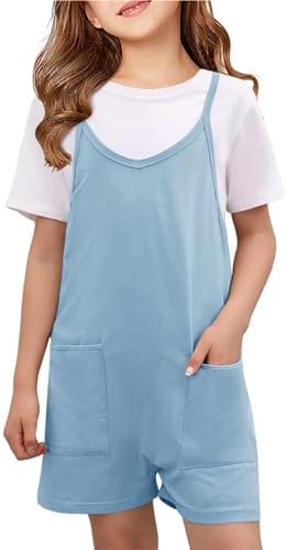 CharmWM Girls Summer Jumpsuits Spaghetti Strap Sleeveless Loose Romper Short Pants with Pockets 5-14 Years