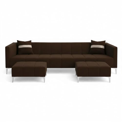 Image of Solomon 6 Seater L Shape Sofa Set with 2 Movable Ottoman | Flexible Left or Right Layout | Luxe Velvet Suede Fabric | Comfortable Seating | Modern Sofa for Living Room - Dark Brown