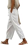 BIRW Size M White Lace Up Womens Linen Pants with Pockets High Waist Comfy White Gauze Pants for Women Casual Summer Lightweight Loose Embroider Oceanside Trousers Tapered Ninth Pants