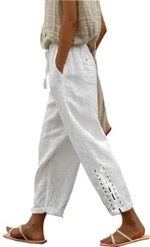BIRW Womens Linen Pants with Pockets High Waist Comfy White Gauze Pants Casua Lightweight Loose Trousers