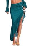 AGECODE Women's High Waisted Asymmetrical Ruched Mesh Flowy Ruffle Trim Midi Long Skirt Teal Blue X-Small