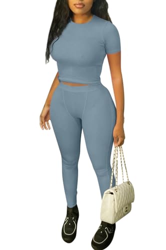 ZFLM Casual Workout Two Piece Outfits for Women Fitted Crew Neck T-shirt High Waist Pants Matching Sets Streetwear