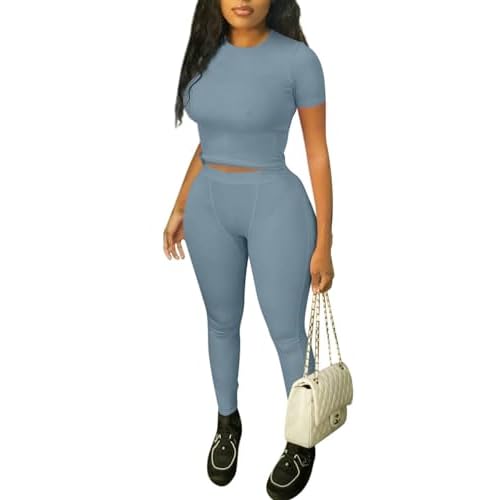 ZFLM Casual Workout Two Piece Outfits for Women Fitted Crew Neck T-shirt High Waist Pants Matching Sets Streetwear