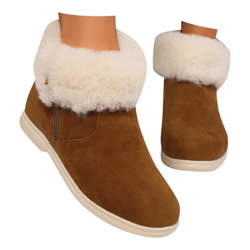 Snow Boots for Women Suede Faux Fur Lining Ankle Boot Slip on Memory Foam Comfort Booties, Water Resistant Warm Winter Ankle Booties Fleece Fuzzy Cozy Indoor House Shoes