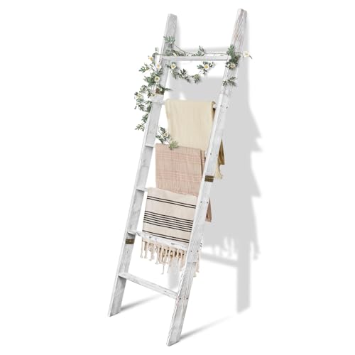 6-Tier Blanket Ladder Wooden,100% Pine,Towel Holder Rack with Anti-Slip Construction,Home Decor,Easy Assembly (Vintage White)