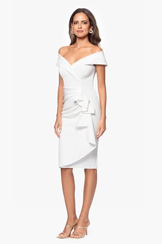 Image of Xscape Women's Bodycon Midi Off-The-Shoulder Ruffle Dress with Center Back Zipper, Petite & Plus Size
