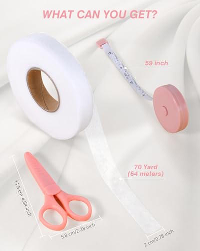 zqanve Hem Tape - 3/4 INCH x 70 Yards - No Sew Iron-On Fusible Interfacing Hemming Fabric Tape Adhesive with Scissors&Tape Measure - for Clothes Pants Dress Curtains DIY Kit(White)