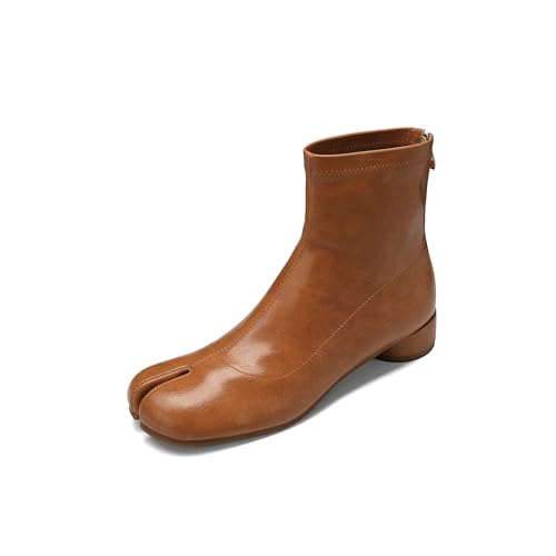 Image of Split Toe Ankle Boots for Women Tabi Japanese Ninja Shoes Low Chunky Heels Booties, Stretch Artificial Leather Boots Back Zipper