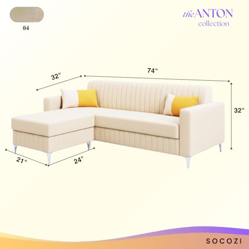 Image of SOCOZI Anton 4 Seater L Shape Sofa Set with Movable Ottoman | Flexible Left or Right Layout | Soft Velvet Suede Fabric | Modern Design | Plush Comfort Cushions for Living Room (Cream)