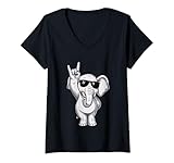 Mujer Cool Cartoon Elefante Rock Mano Signo Punk Mascota Gráfico Camiseta Cuello V