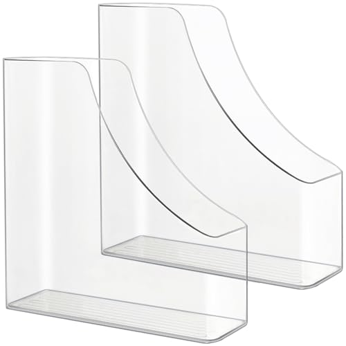 QXBXYHM 2 Pack Vertical File Holder Clear Acrylic Desk Organizer Storage Bins Holding Plastic Document Organizer PET Magazine Holder Basics Vertical Magazine Rack for Home Office School