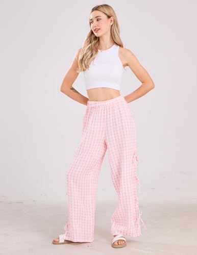 Image of codcm Womens Gingham Striped Wide Leg Pants Y2k Lounge Pants Lace Up Loose Trousers