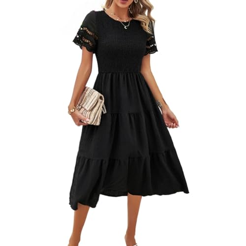 2025 Women’s Summer Midi Dresses Short Sleeve Smocked Tiered Dress Vacation Beach Wedding Guest Elegant Boho Sundress