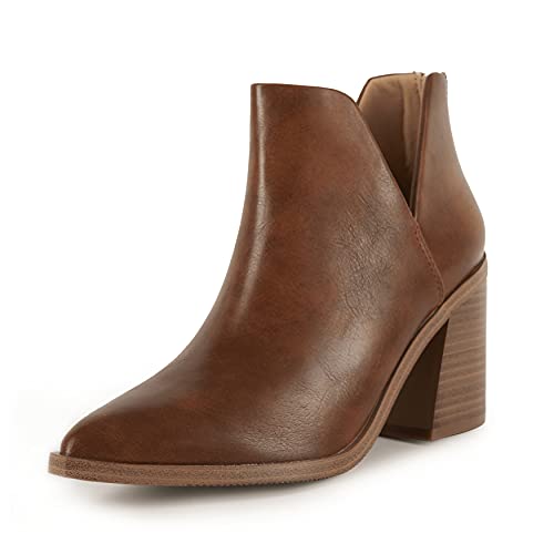 Kathemoi Womens Slip on Ankle Boots V Cutout Pointed Toe Chunky Stacked Mid Heel Booties