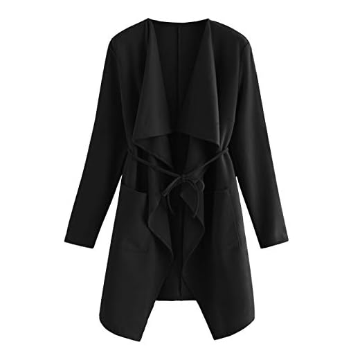 ROMWE Women's Waterfall Collar Long Sleeve Wrap Trench Pea Coat Cardigan Black L