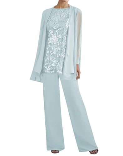 Image of 3 Pieces Mother of The Bride Dresses Pant Suits - Lace Chiffon Long Sleeve Grandmother Dresses with Jacket Ice Blue