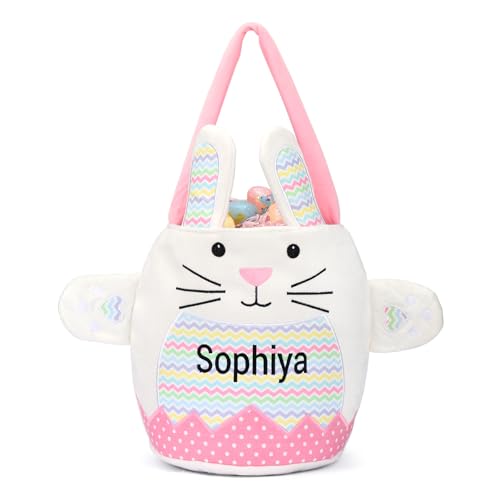 OXYEFEI Personalized Name Easter Basket for Kids - Custom Cute Striped Embroidery Easter Bunny Basket for Boys Girls (Pink)