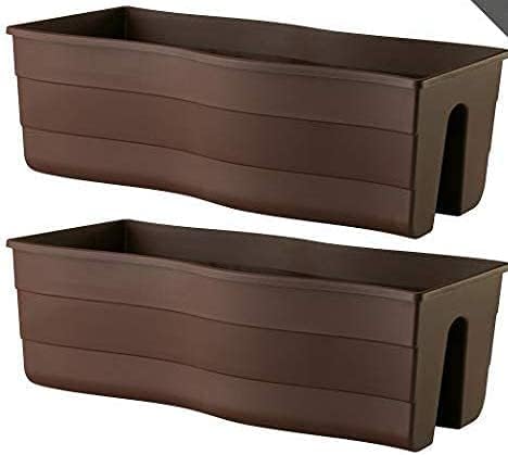 United Frames and Products “Ridge Rail” Long Rectangular Flower Pot, Plant Window Box- Indoor/Outdoor Hanging Rail Planter – Patio, Deck, Balcony, Garden 2 Pack (Brown)