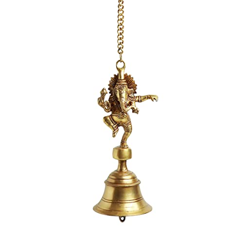 Image of ExclusiveLane 'Dancing Ganpati' Pure Brass Hanging Bells for Pooja Room (Set of 1, 3.4 x 3.4 x 9.3 Inch, 1.2 Kg) | Brass Bells for Mandir Temple Bell Hanging Temple Bells for Home Decoration