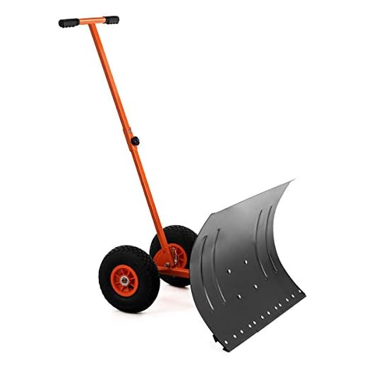 GYMAX Wheeled Snow Pusher, Heavy Duty Rolling Snow Pusher with 29" Plate & Anti-Skid Wheels & Adjustable Handle, Driveway or Pavement Snow Removal Tool (Orange)
