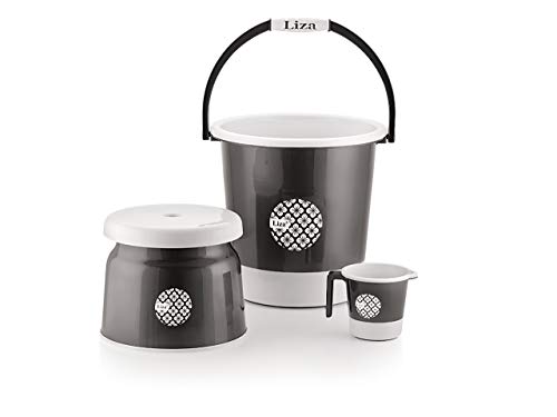 Image of Liza 3 pcs Bathroom Accessories Set Plastic Bath Set Bathroom Bucket 21l, Mug, Stool 3 Piece Combo Set for Home, Kitchen & Bathroom (Black)