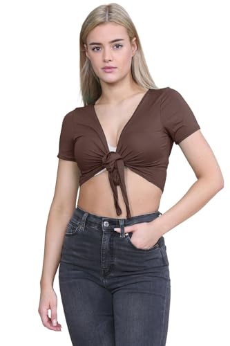 Cárdigan corto marrón con lazo delantero de manga corta para mujer talla 40-42