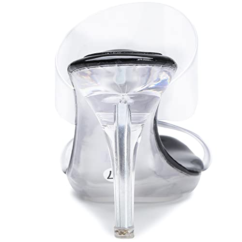 Image of NBUUNBU Clear Heels for Women Silver Black Heels Little Platform Sexy High Heels Sandals Stiletto Kitten Open Toe Dress Shoes Comfortable Double Transparent Strap Heeled Sandals Mule