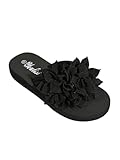 OYOANGLE Women's Flower Appliques Flip Flops Boho Open Toe Slip On Flat Sandals Beach Vacation Slippers Deep Black 7.5