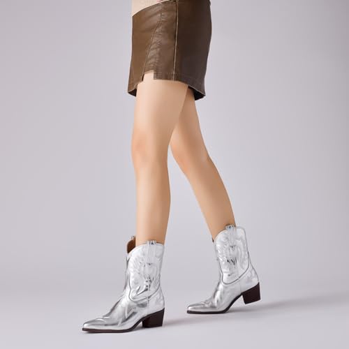 Cowboy Boots for Women Embroidered Metallic Ankle Western Cowgirl Boots Pointed Toe Chunky Heel4
