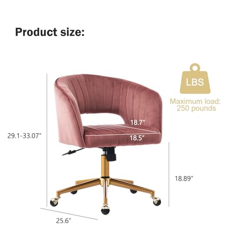 Image of Nrizc Velvet Home Office & Living Room Desk Chairs with Adjustable Swivel Wheels, Ergonomic Upholstered Office Chair for Bedroom, Vanity Study (Rose)