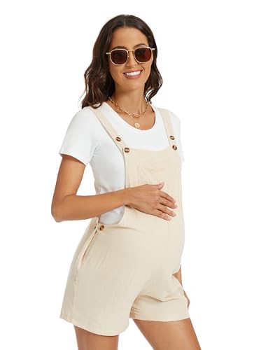 FEOYA Frauen Umstands Jumpsuit Baumwolle Umstandsmode Damen Overall Schwangerschafts Latzhose Weites Bein Kurz Hose Beige M