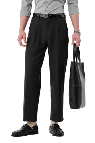 Image of SNITCH Men Casual Trousers| Baggy Fit Mid Rise Solid Plain Front Style | Breathable Cotton Blend & Lightweight Linen Fabric for Summer & Everyday Outings