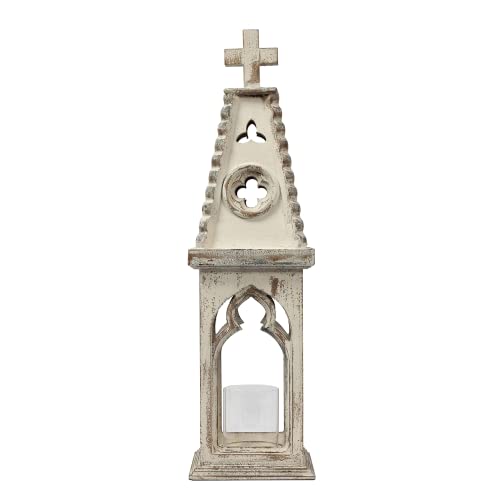 28" Tall Wooden Lantern Decorative Rustic, Vintage Church Decorative Candle Lantern, Distressed White Farmhouse Hurricane Candle Holder Floor Candle Holders For Garden Indoor Outdoor Wedding Home #TOP6