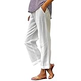 HJYUZP Petite Linen Pants for Women, White Cotton Linen Pants Women Summer Boho Dressy Casual Capri Pant Drawstring Straight Leg Elastic Waist Beach Trousers with Pockets L