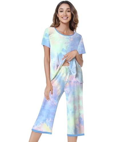 Image of NACHILA Pajamas for Women-Viscose Made from Bamboo,Satin Crew Neck Pajama Sets Short Sleeve Pjs with Capri Pants