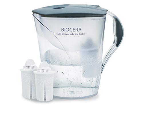 Biocera Alkaline Water Filter Jug With 2 Filter Cartridges – Produces Alkaline, Antioxidant, Hydrogen Rich Water – BPA-Free – NSF Certified – Cost Effective – Simple To Use – Grey Lid and Handle