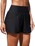 Attraco Badeshorts Damen UPF50+ Badehose Schnelltrocknend Hohe Taille Boardshorts UV Bikini Shorts mit Taschen Schwarz XL