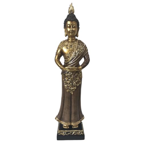 SIGNES GRIMALT Figurine Bouddha Debout sur Socle en résine élégant, Tenue drapée et Finitions dorées, Collection Flores, Hauteur 36 cm