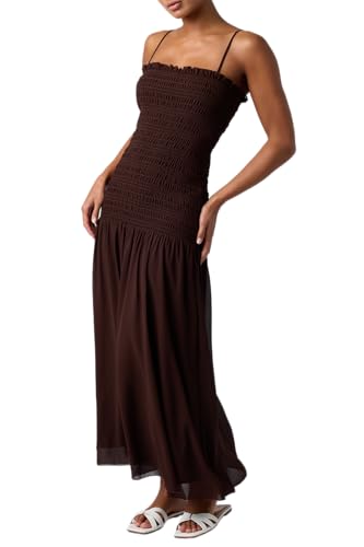 Lulus Banks Smocked Bodice Drop Waist Midi Dress Adjustable Spaghetti Straps Airy Skirt Vacation Summer Dress Chocolate