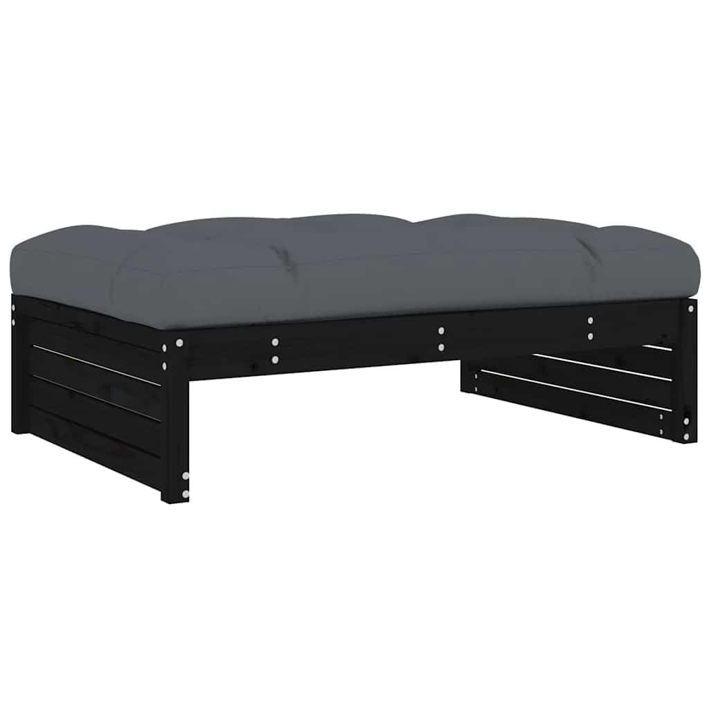 Taboret ogrodowy czarny, 120 x 84 x 30 cm, lite drewno sosnowe, do użytku na zewnątrz, z poduszkami w kolorze antracytowym, na taras, balkon, zestaw mebli modułowych