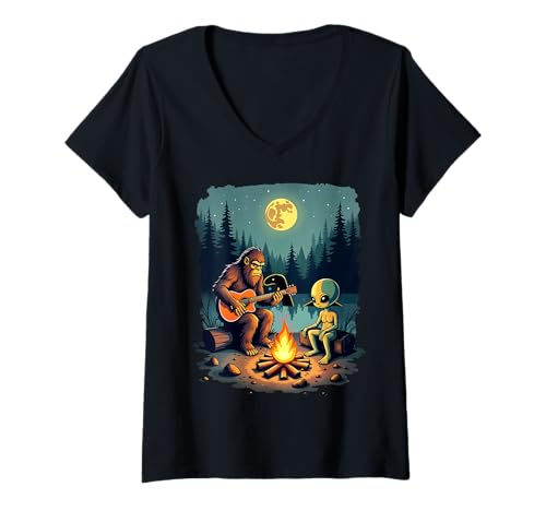Mujer Alien and Bigfoot Campfire Sasquatch Guitarra Loch Ness Camiseta Cuello V