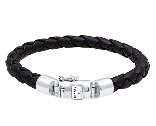 kuzzoi Men Bracelet Leather Braided Black Solide with Clasp Made of 925 Sterling Silver, Length 7,48 inch - 9,05 inch, Width 0,39 inch, 0.71 oz