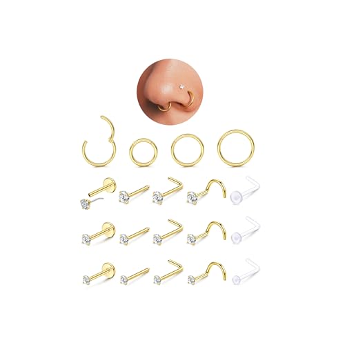14K Gold Filled Nose Rings Studs Hoops for Women Men: 20G 18G 316L Surgical Stainless Steel Hypoallergenic Dainty Simulated Diamond L Shaped/Corkscrew/Straight/Push Back Nostril Piercing Jewelry