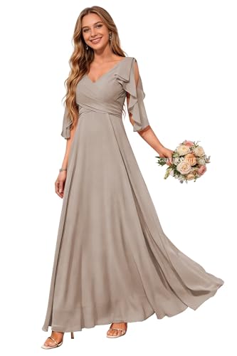 Image of Women Bridesmaid Dresses with Sleeves for Wedding V Neck Chiffon Long A Line Pleated Formal Evening Gown