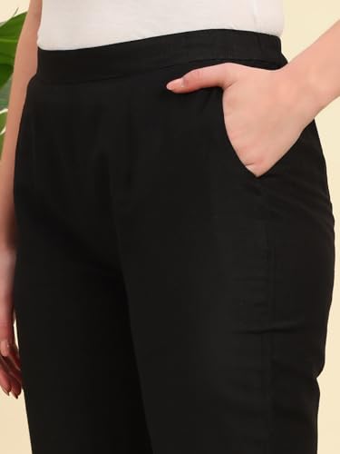 Image of Vogaan Women's Cotton Silk Pant | Half-Elasticated Waist Slim Fit Trouser for Women | Casual Pocket Pants for Office Formal Daily Use