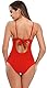 SHEKINI Damen Einteiliger Badeanzug Tiefer V Ausschnit Rückenfrei Bademode Verstellbar Schnürung Geknotete Slim Monokini Swimsuit(S,Rot)