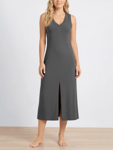 Image of ODODOS Modal Soft Front Split Midi Dress for Women, V Neck Sleeveless Casual Summer Tank Dress