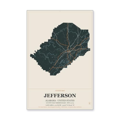 Jefferson County Alabama Road Map Aluminum Sign, Headline Atlas, 16" x 24" MEGA SIGN